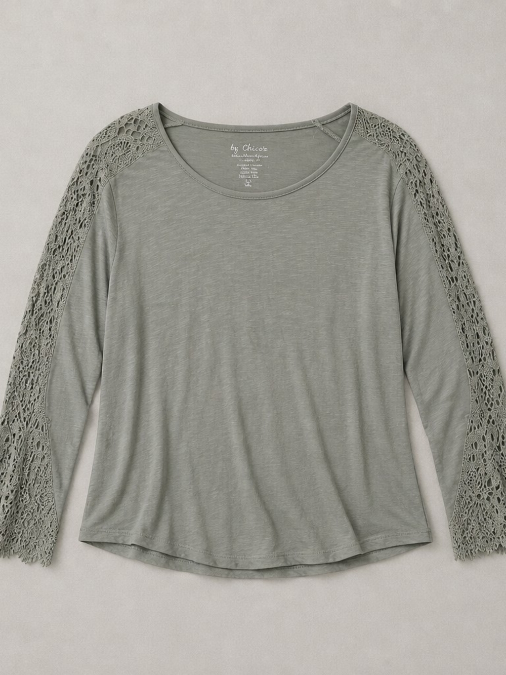 Chico's Olive Sage Crochet-Sleeve Long Sleeve Tee. This Is A Chicos Size 4.